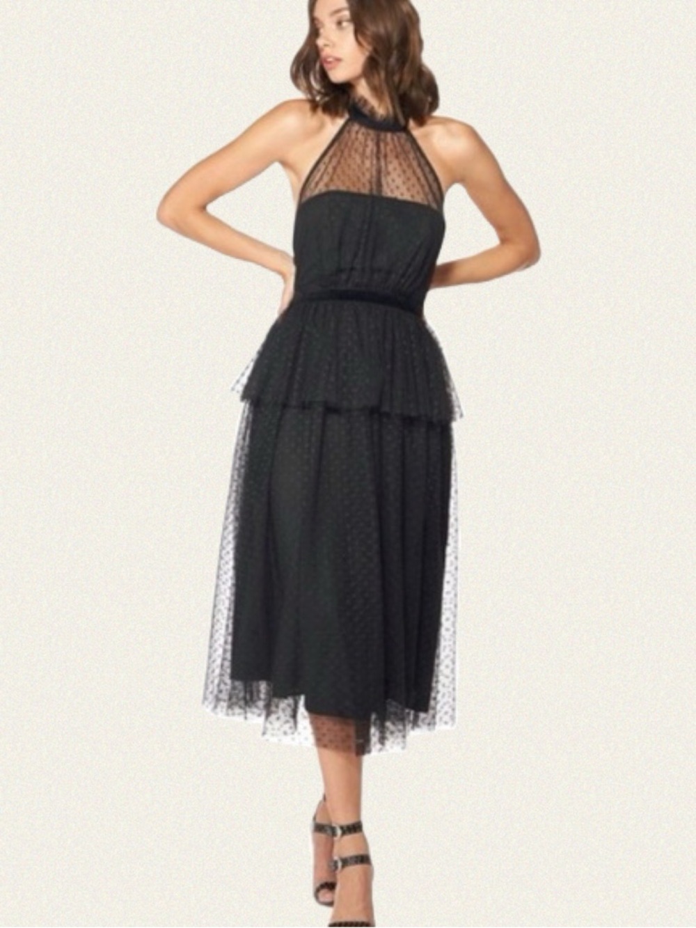 AVEC LES FILLES Tiered Tulle Midi Black on Black Polka Dots Cocktail Dress